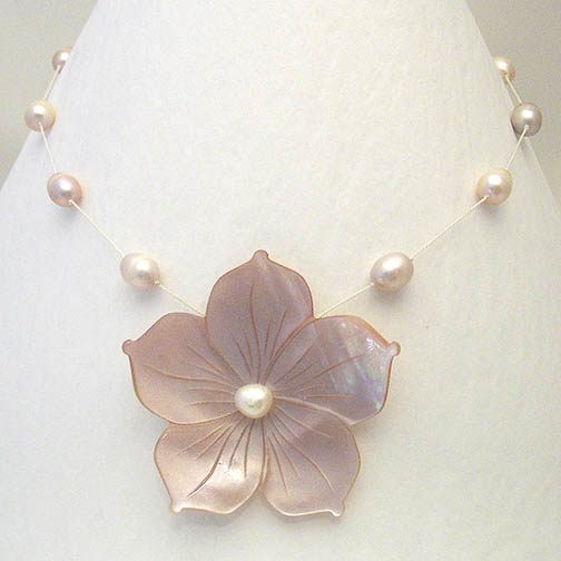 Pink MOP Flower Necklace w/ Multi Colored Pearls